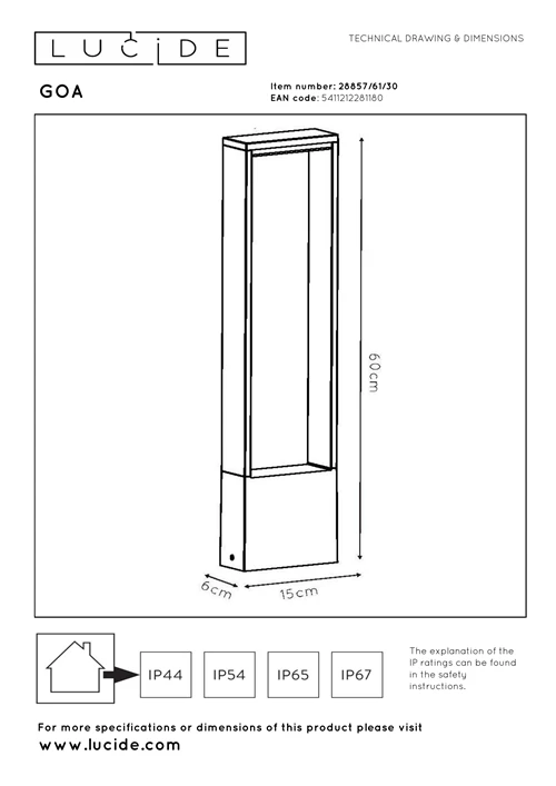 Lucide GOA - Pollerleuchte - LED - 1x10W 3000K - IP54 - Anthrazit - technisch